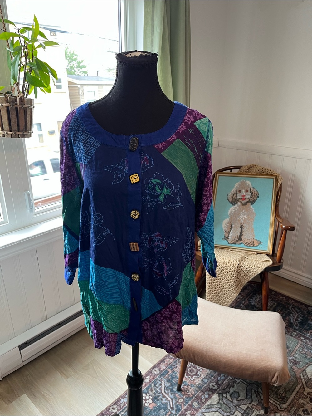 Women’s Vintage Boho Button-Front Women's Top in Navy & Teal Size M